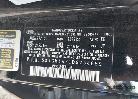 2013 Kia Optima Lx from USA, damaged, VIN 5XXGM4A71DG254889